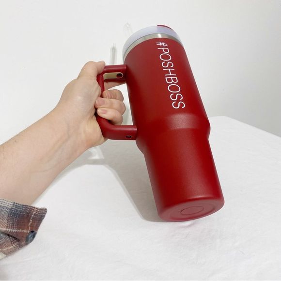POSHBOSS Stanley-like Steel Tumbler Cup Thermos Handle & Straw Red Poshswag 40oz - Picture 9 of 11